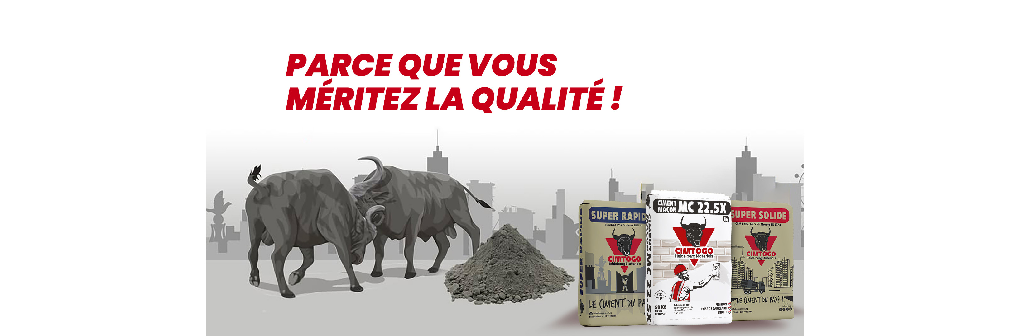 Deux buffles noirs à gauche sur fond de silhouette urbaine grise. À droite, plusieurs sacs de produits agricoles étiquetés "Toro" et "Toro Plus" avec un tas de fertilisant gris au centre. Texte en haut : "Parce que vous méritez la qualité !" en rouge gras.